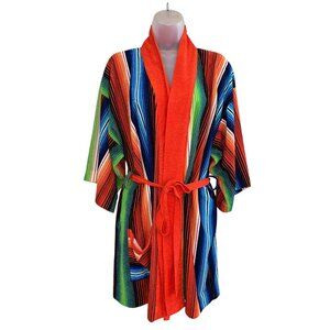 Vintage Southwest Serape Stripe Terry Kimono Robe With Orange Shawl Collar & Bel
